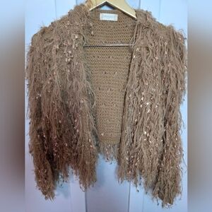 Altar'd State Tan Shaggy Fringe Open Front Cardigan Boho Knit Sweater Size Small